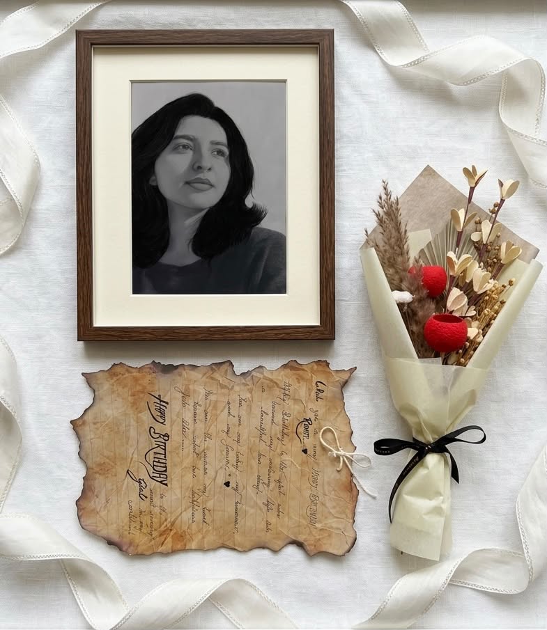 Framed pencil portrait with a handwritten birthday letter and dried bouquet